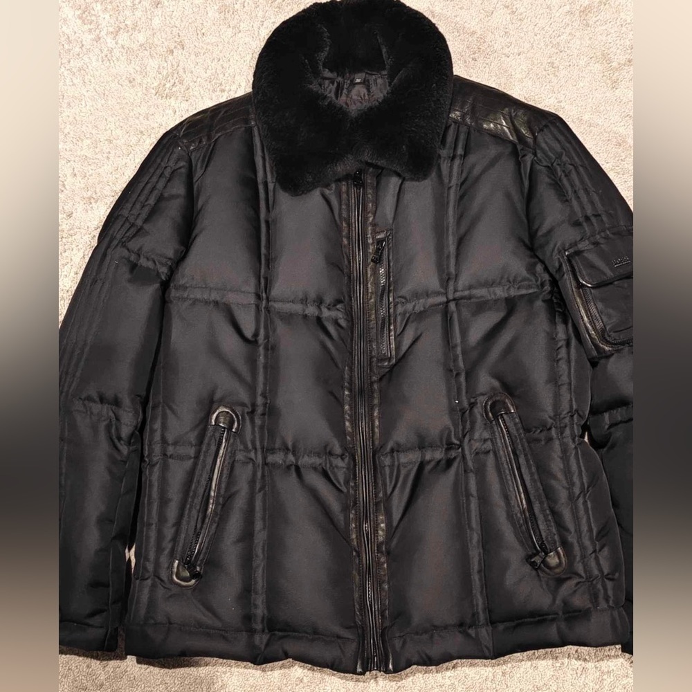 Black Hugo Boss Fur Collar Down Coat with Removable Fur
